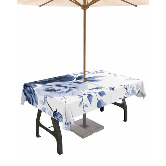 Boanket Outdoor Tablecloth with Umbrella Hole for Patio/Picnic/Party/Camping, Blue Floral Art Waterproof Table Cloth Rectangle Table Cover Washable, Watercolor Botanical Spring Flowers 52"x 70"
