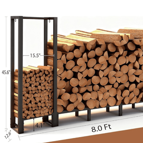 8ft Large Firewood Rack Outdoor, Heavy Duty Metal Wood Rack with Kindling Storage - For Indoor & Outdoor Fireplace, Wood Pile Organizer,Black
