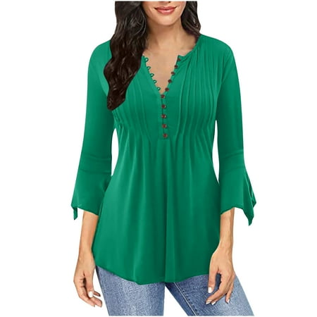 

Bospose Women O-Neck Shirt 3/4 Sleeve Crop Top Corset Top Green Shirt Women S Casual Trumpet Solid Buttoned Basic Ruched Tunic Tops Pleated T-Shirts Blouses Lady Solid Color Pleated Flared Top/Shirt X