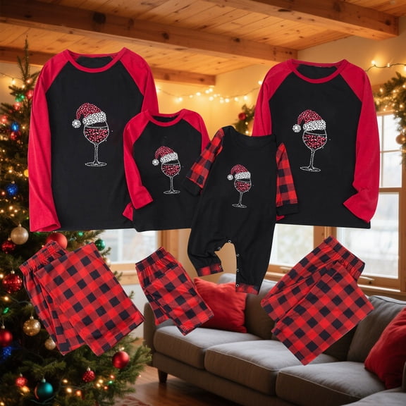 Yievot Family Christmas Pajamas Matching Sets PJ's Sleepwear Long Sleeve Printed Shirts and Plaid Pants Festival Party Sleepwear with Pockets