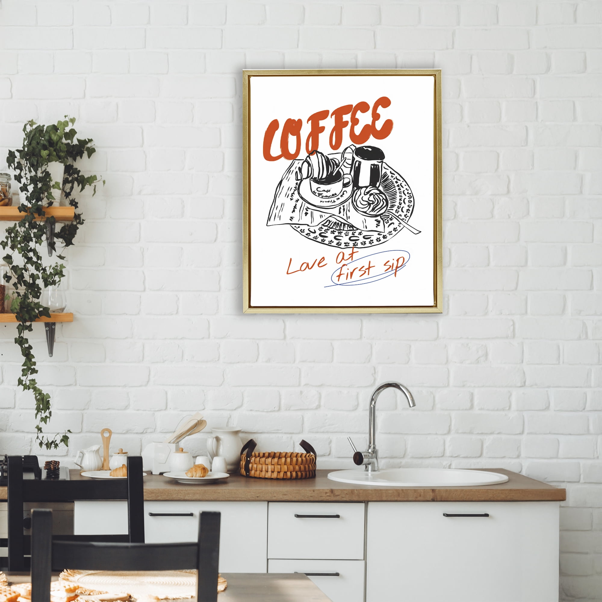 Stupell Industries Coffee Love At First Sip Gold Framed Floater Canvas Wall Art, design by The Prints Vibe