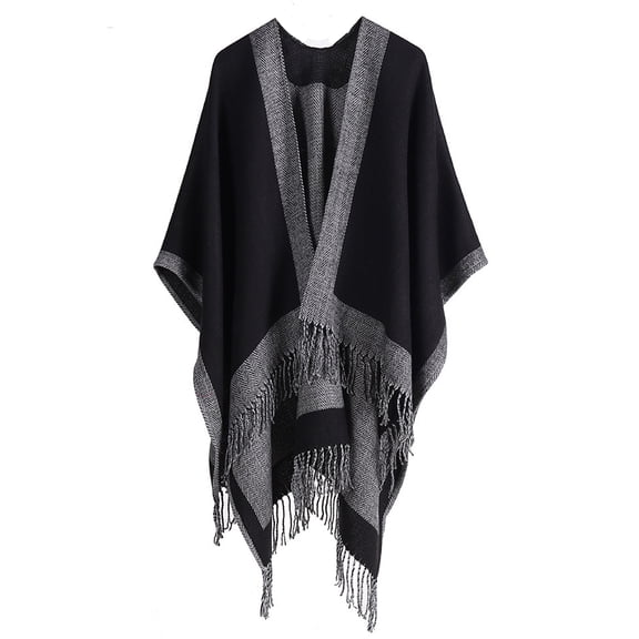 Women's Plus Size Poncho for Winter Open Front with Tassel Knitted (Black)