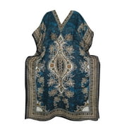 <mark>Mogul</mark> Women Maxi Kaftan Blue Dashiki Print Kimono Style Beach Cover up House Dress