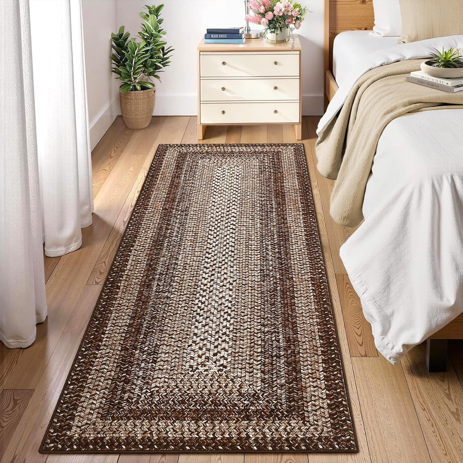Runner Rug for Hallway Kitchen Runner Carpet 2x10, Machine Washable Long Runner Throw Mat, Non Slip Entryway Rug Stain Resistant Braided Printed Carpet for Bedroom Living Room, Brown