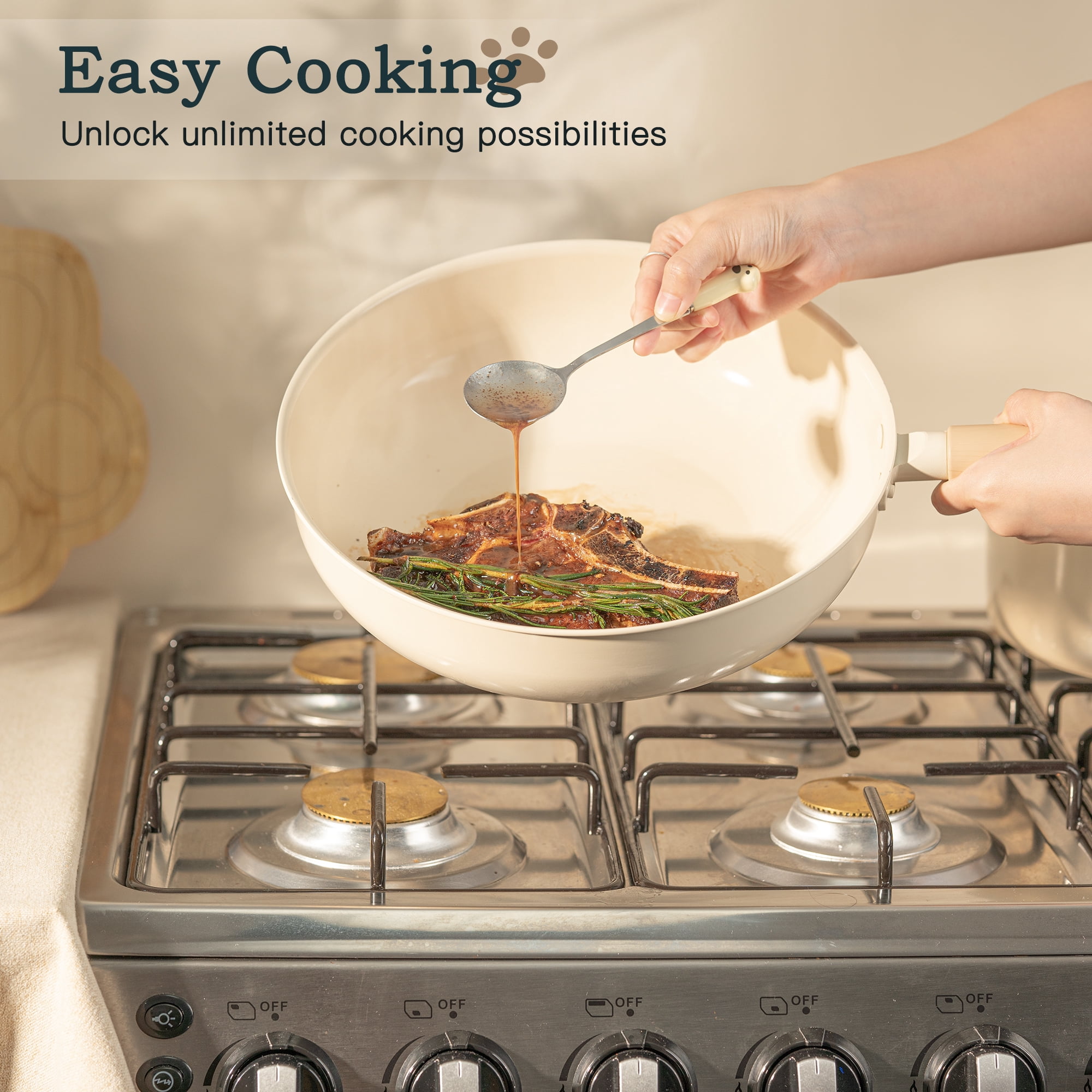 Astercook 17-Piece Ceramic Cookware Set with Dog Paw Wooden Handles, Nonstick Pots and Pans Set for Home & Camping, Induction Compatible and Dishwasher Safe, Perfect Gift for Pet Lovers & Families