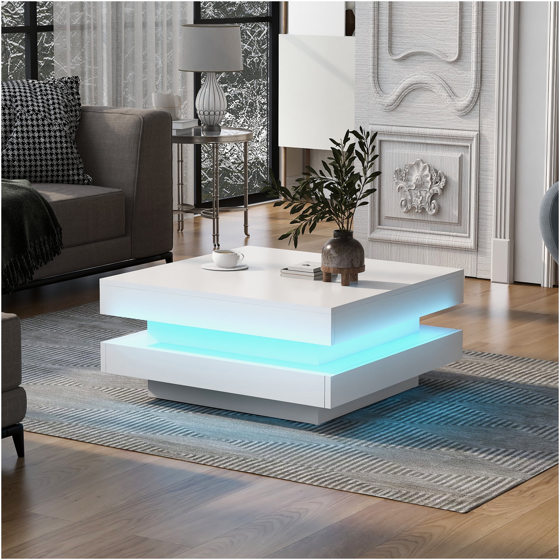JERFIT 31.5 inch Modern LED Coffee Table with Lights, 2-Tier Square Center Table with High Gloss Waterproof Top, Sturdy Particle Board Design for Living Room, White
