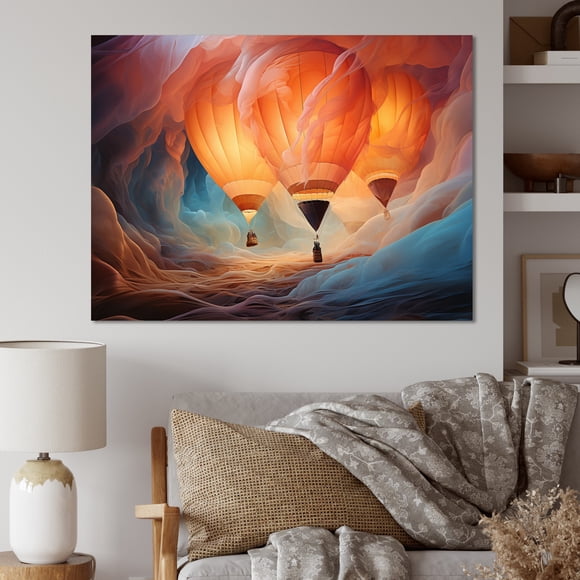 Designart Art Mural Montgolfière, Art Mural Montgolfière Corail Délicat, Grande Décoration Murale Montgolfière, Art Mural Moderne Corail sur Toile, 20x12 Pouces