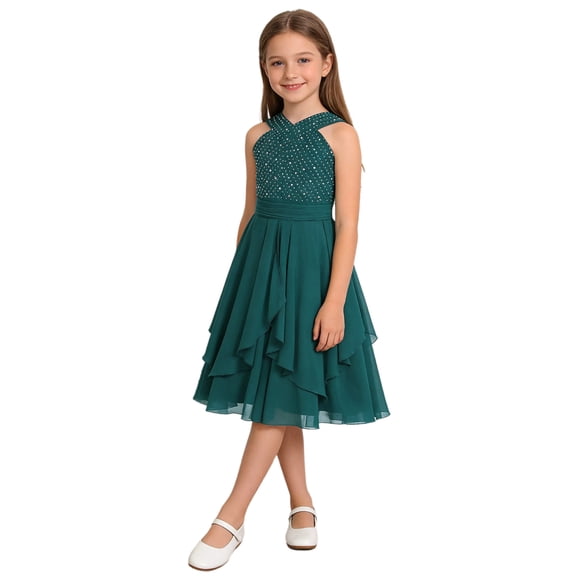 vastwit Kids Flower Girl Sleeveless Chiffon Dress for Wedding Sparkle Junior Bridesmaid Dress Pageant Party Gowns Dark Green 8