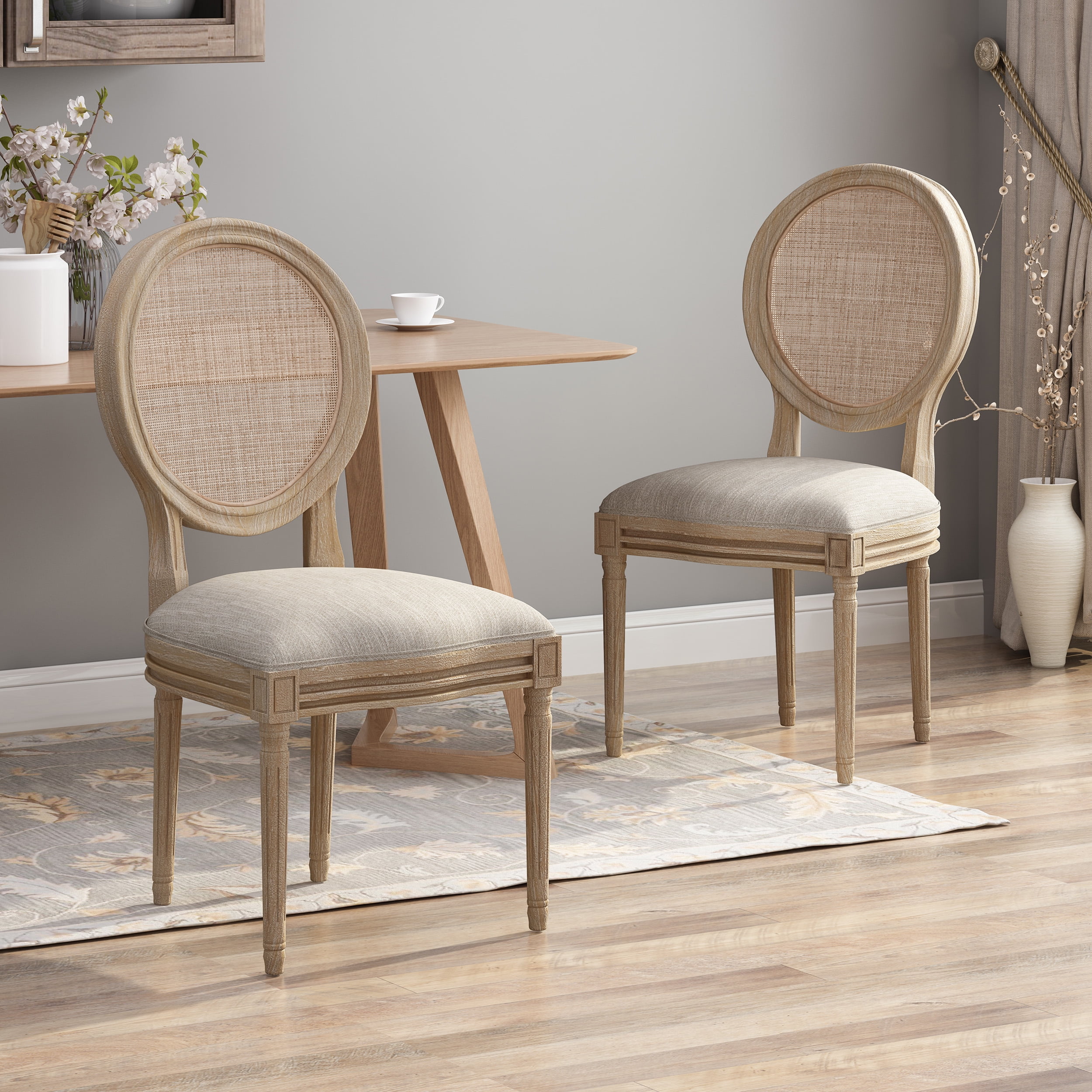 Noble House Ashlyn Wooden Dining Chair with Wicker and Fabric Seating ...