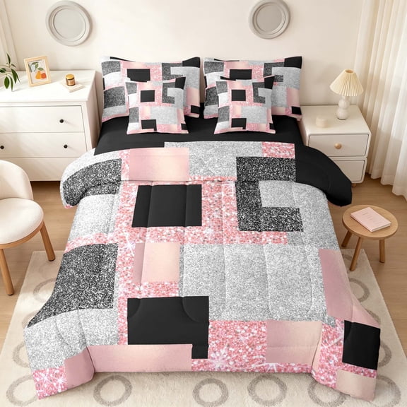 Manfei Glitter Plaid Print Queen Bedding, Bling Geometric Bedding Comforter Set Queen, Pink Black and Silver, Black Reversible 7-Piece