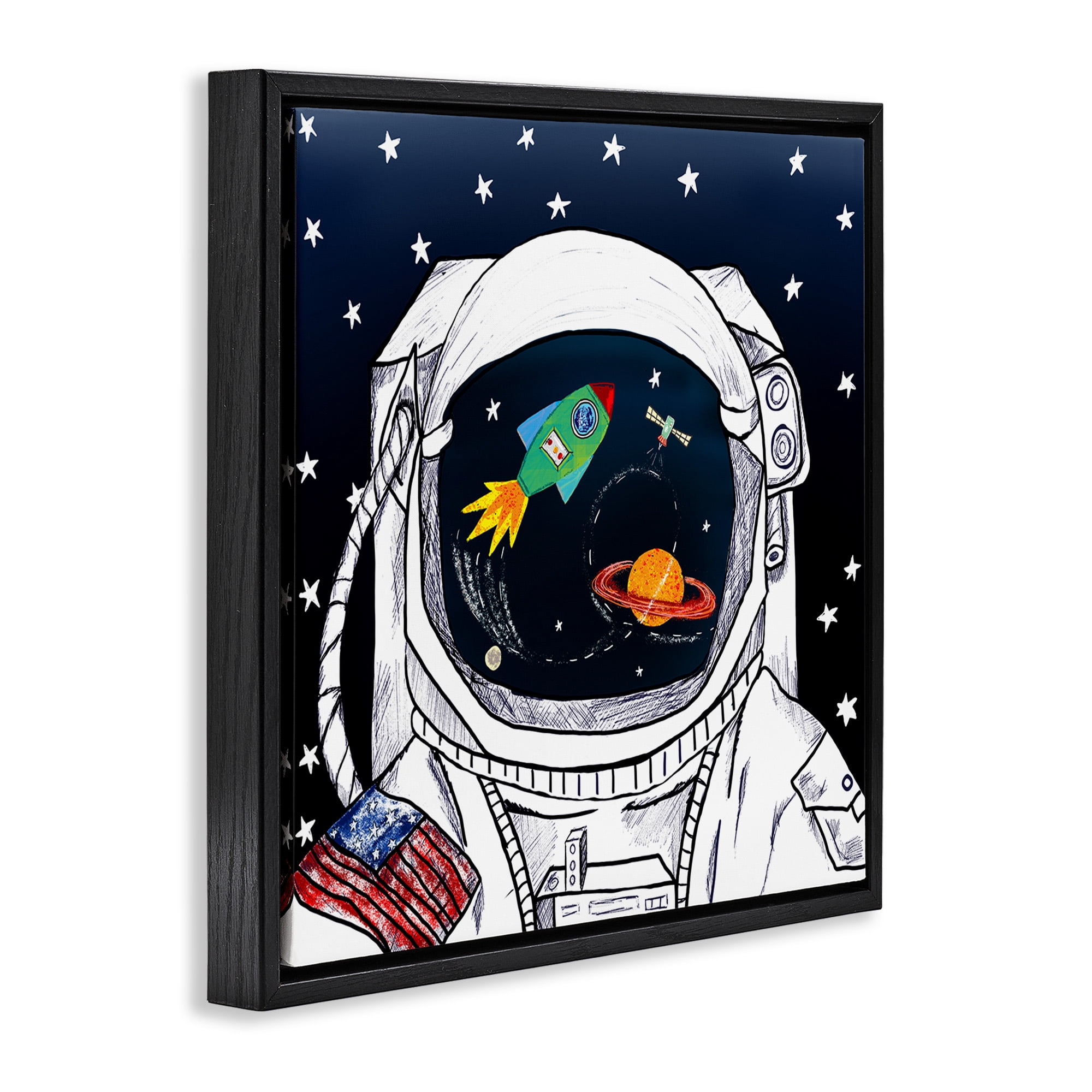 Stupell Industries Astronaut Space Suit Galaxy Fairy Tales & Fantasy Painting Black Floater Framed Canvas Art Print Wall Art, 18 x 18