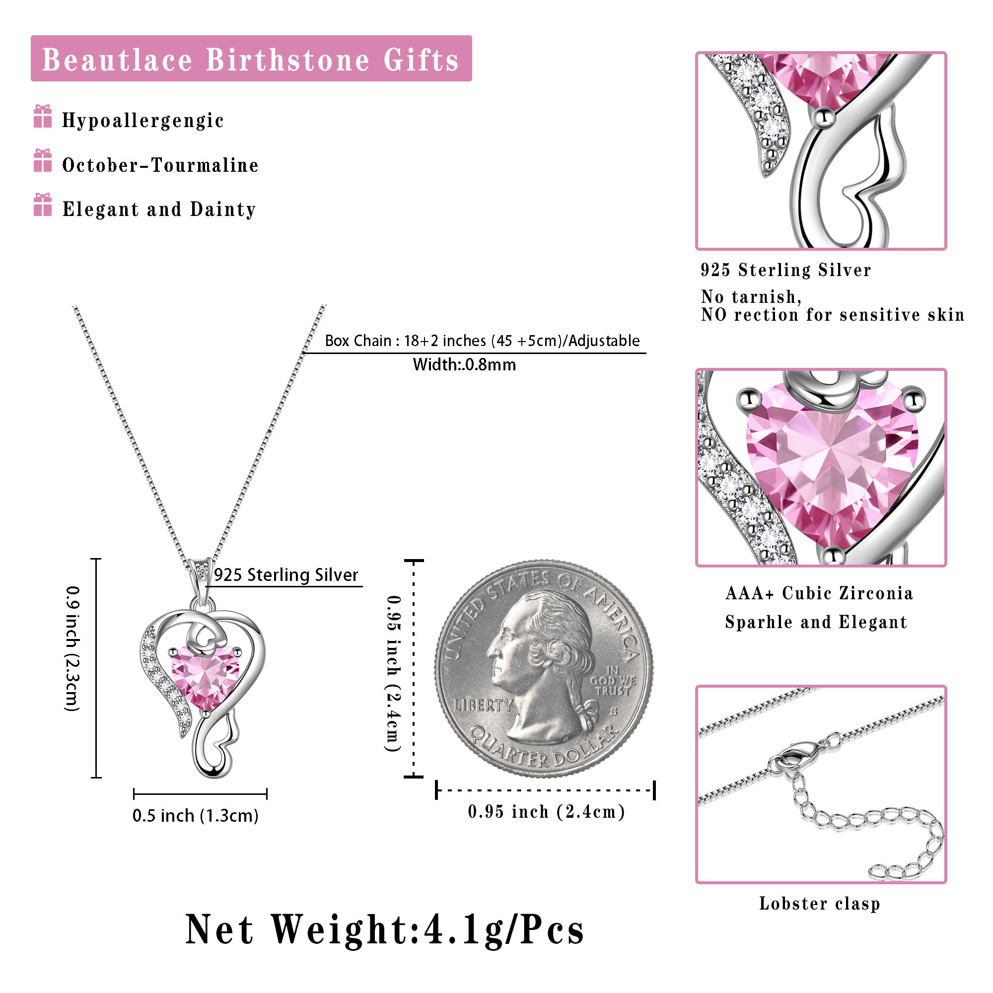 Beautlace 925 Sterling Silver Heart Birthstone Necklace photo 7