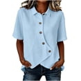thumbnail image 2 of IUYRTFE Women's Short Sleeve Asymmetrical Button Down Shirt Collared Linen Feel Summer Casual Blouse with Irregular Hem, 2 of 5