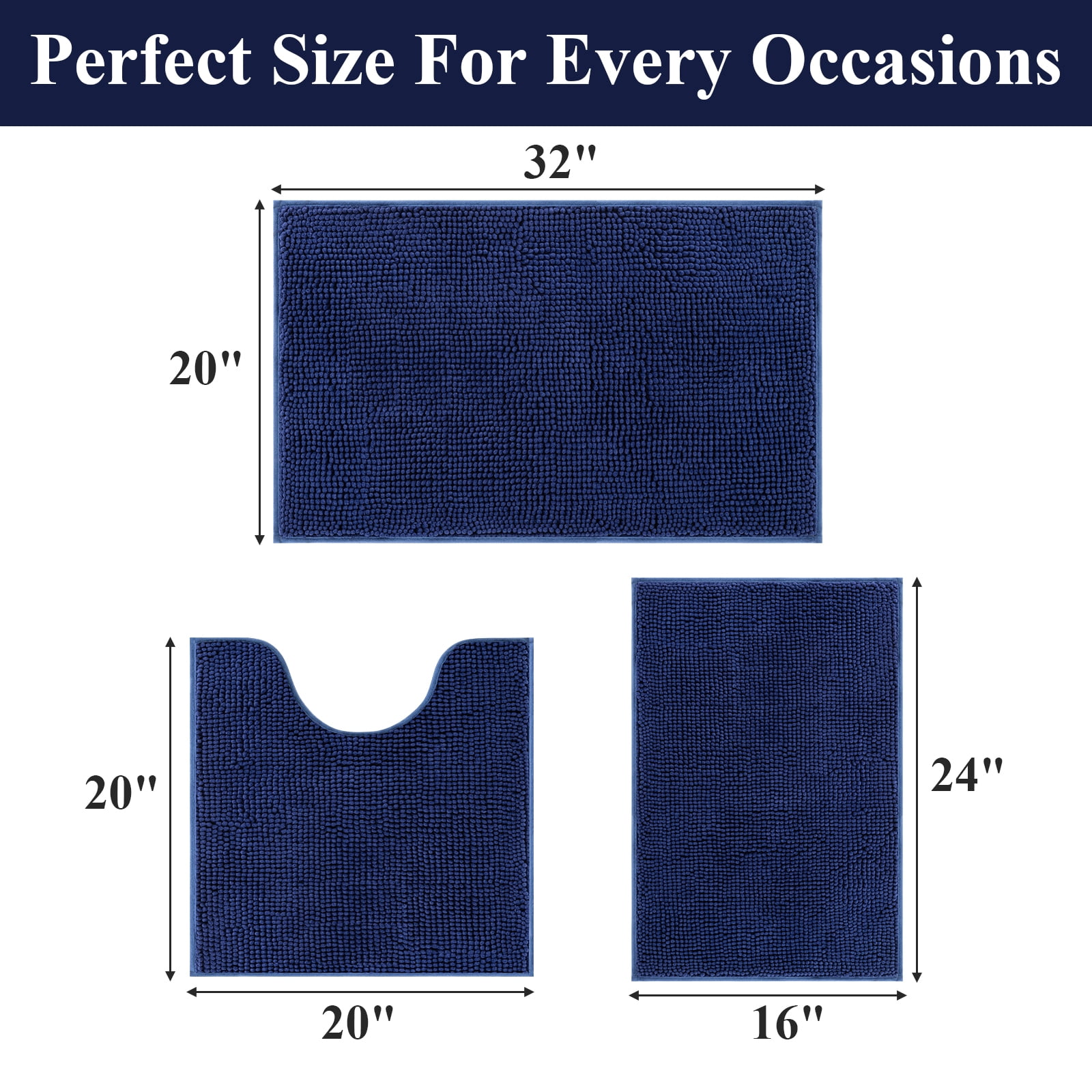 Vaukki Dark Blue Bathroom Rug Sets 3 Piece Ultra Soft Absorbent Shaggy Bath Mat Non Slip Toilet Rug for Bathroom