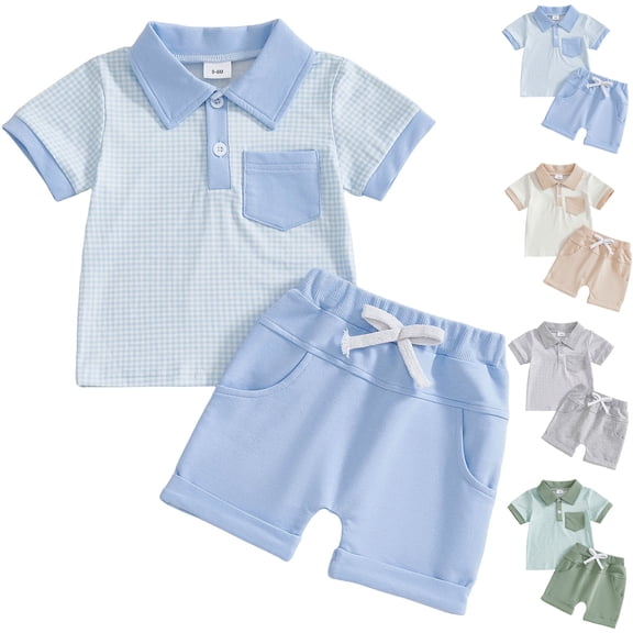 Pandaie 0-3Y Baby Boys Summer Clothes 2 Piece Toddler Infant Button Down T-Shirts Shorts Set Newborn Outfits with Pocket Beige