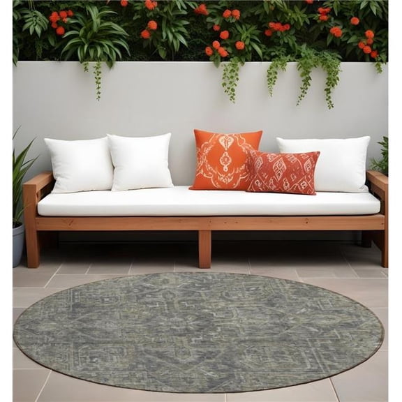 HomeRoots 563822 8 ft. Round Brown & Black Round Oriental Washable Non Skid Indoor Outdoor Machine Woven Area Rug