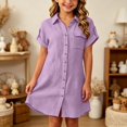 thumbnail image 5 of Y-Sunset Girls Button Down Shirt Dress, Short Sleeve Casual Linen Tunic Dress, Kids Collared Summer Dress with Pocket, Loose Fit Beach Cover Up for Girls(Purple/5-6 Years), 5 of 7
