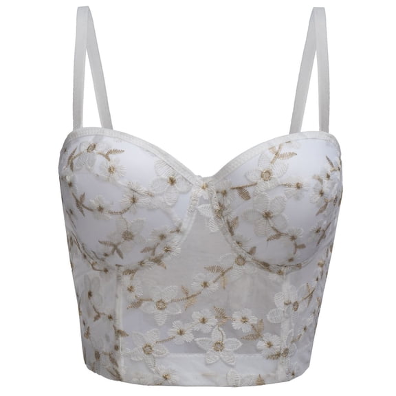 Kilaqueen Women's Floral Embroidered Corset Top, Spaghetti Strap Mesh Bustier Crop Top with Structured Cups for Parties, Dates and Going Out