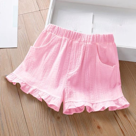 Amidoa Girls Shorts Soft Toddler Casual Summer Ruffle Solid Color Elastic Waist With Pockets Shorts for Kids Pink Size 2T