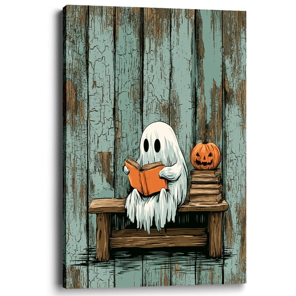 Wallume Store Vintage Ghost Reading Book Pumpkin Halloween Canvas Wall Art Decor 12x8 Inch