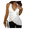 thumbnail image 2 of Halter Tops for Women V Neck Tie Halter Backless Top Sleeveless Wrap Top Ruffle Asymmetrical Halter Tops White M, 2 of 9