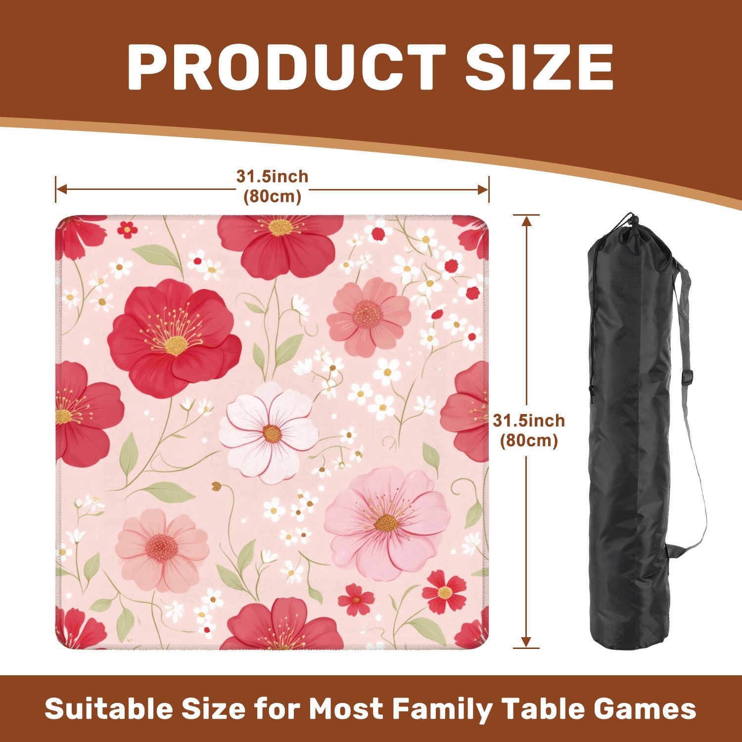Mahjong Mat 31.5" x 31.5" Floral Red Pink Flowers Light Pink Non-Slip Noise Reduction American Mahjong Tiles Table Cover for Dominoes Poker Card Board Games Gift
