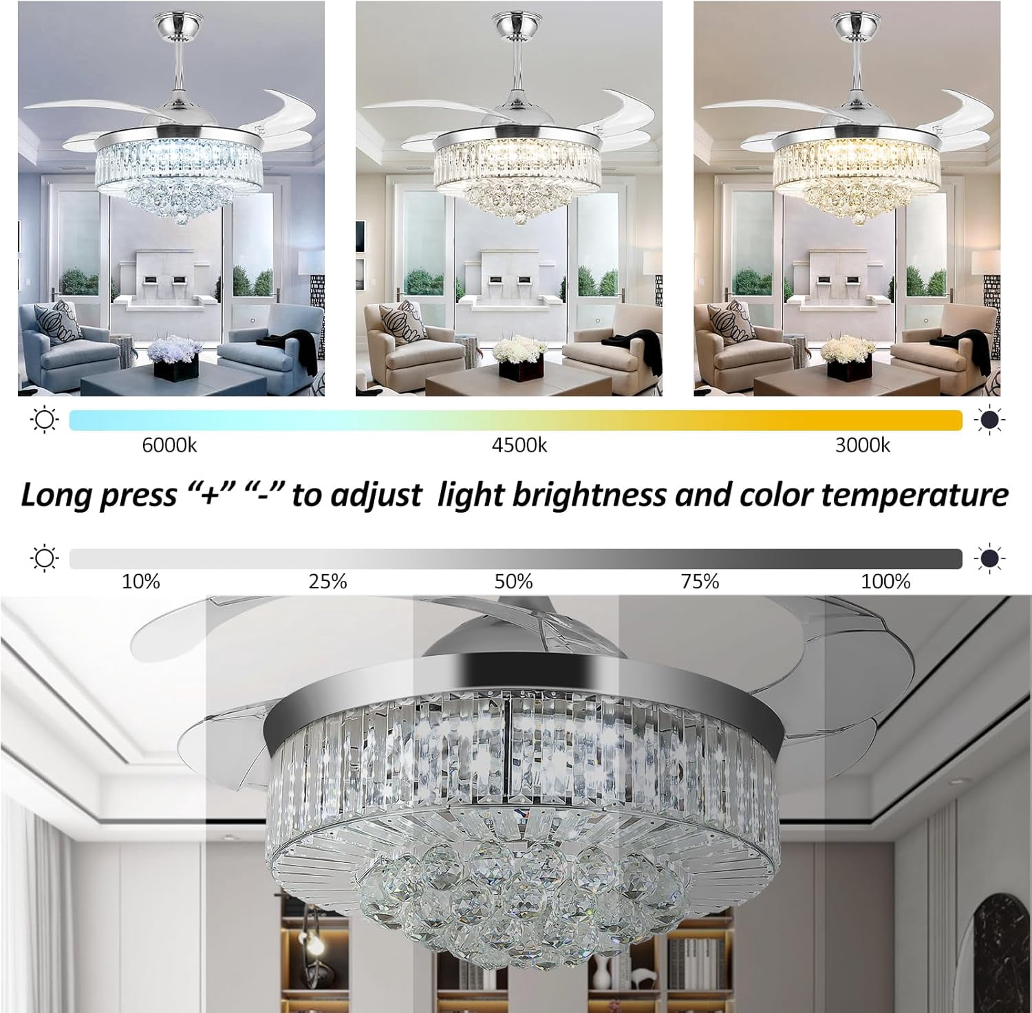 Sedeke 42'' Ceiling Fans with Light, Silver Retractable Crystal Chandelier Fan, Reversible, Remote Control, Dimmable Ceiling Light Kits for Dining Living Room Silver
