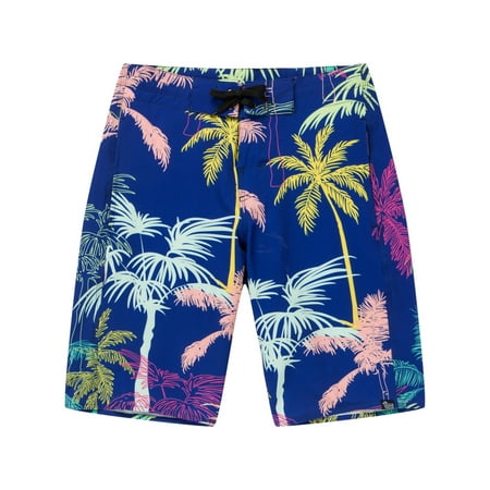 Men's Spandex Hawaiian Beach Board Shorts with Zipped Pocket in Crayon Palms in Navy 32