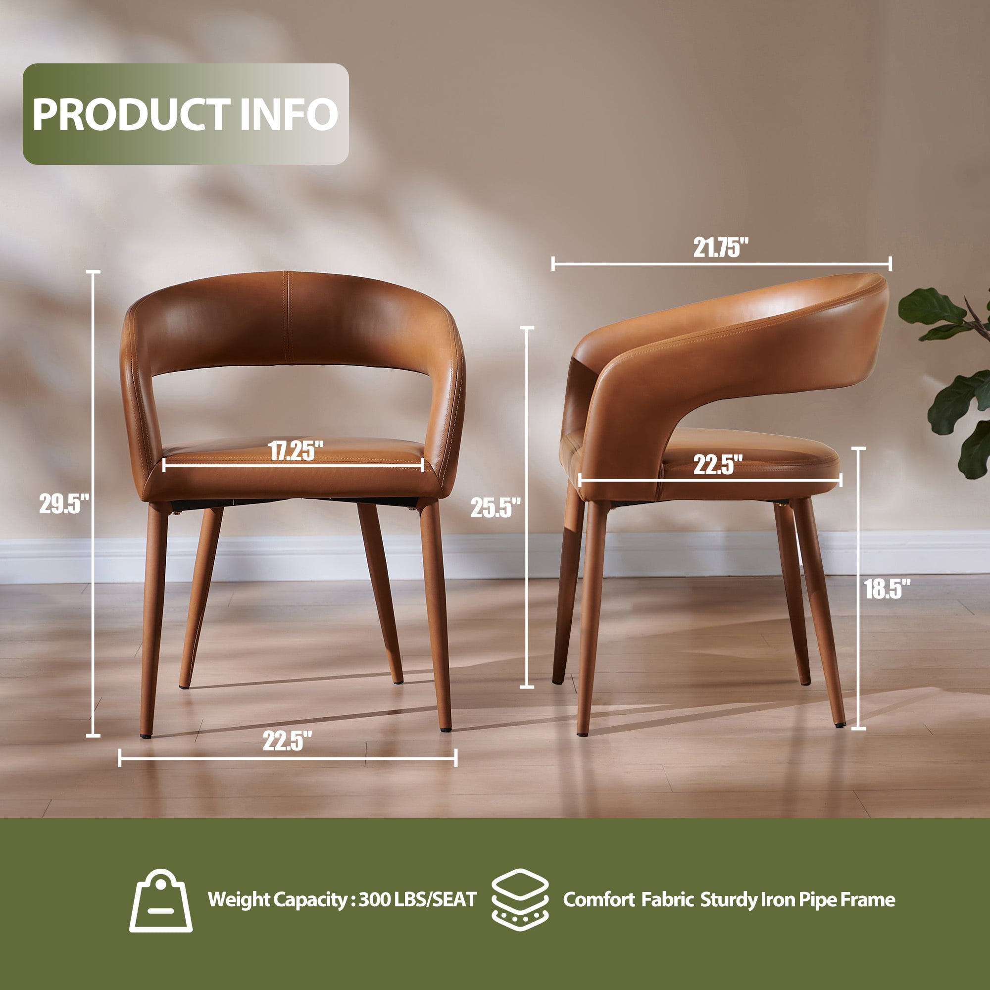 Morden Fort Leather Dining Chairs Set of 2,&nbsp;Easy Clean Barrel Chairs, Modern Upholstered Kitchen Armchair with Metal Frame & Round Back, Orange