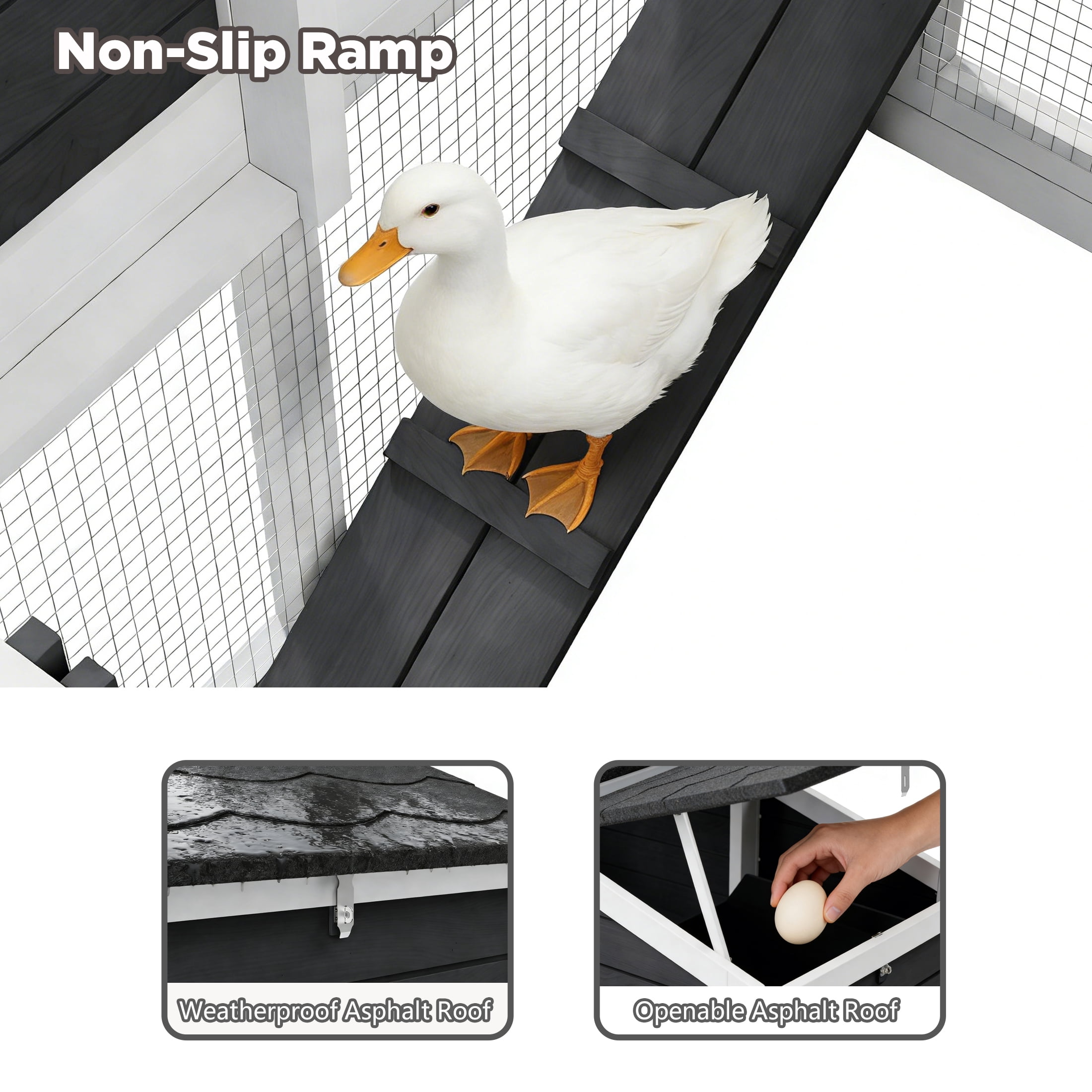 Outdoor 2-Tier Weatherproof Duck Coop, Wooden Duck Hutch with Open Roof, Suitable for 2-3 Ducks, Black & White