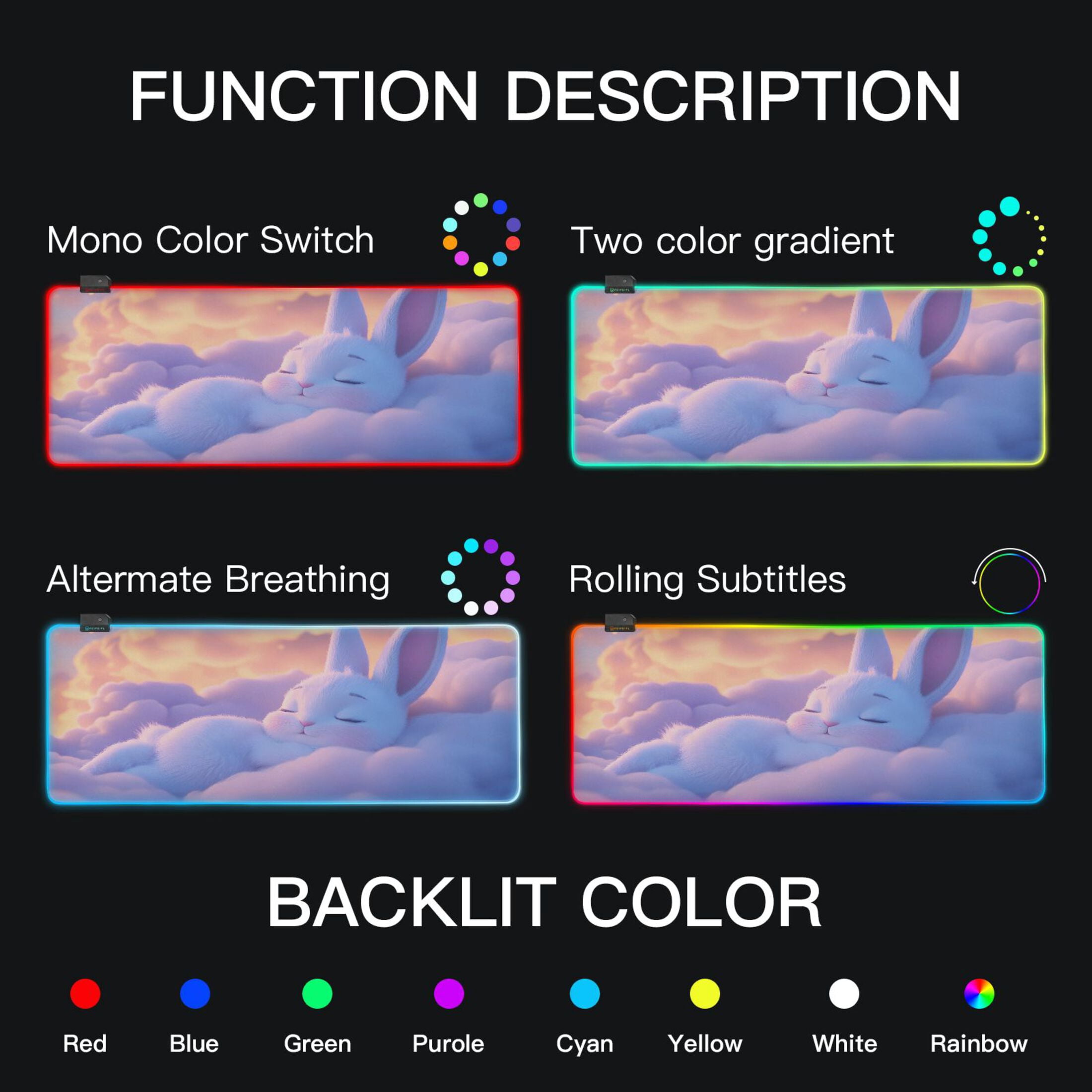 Large RGB Gaming Mouse Pad Led Glowing Mousepad Non-Slip Rubber Base 13 Light Modes 35.4x15.7 Cute White Rabbit Sleep on Clouds