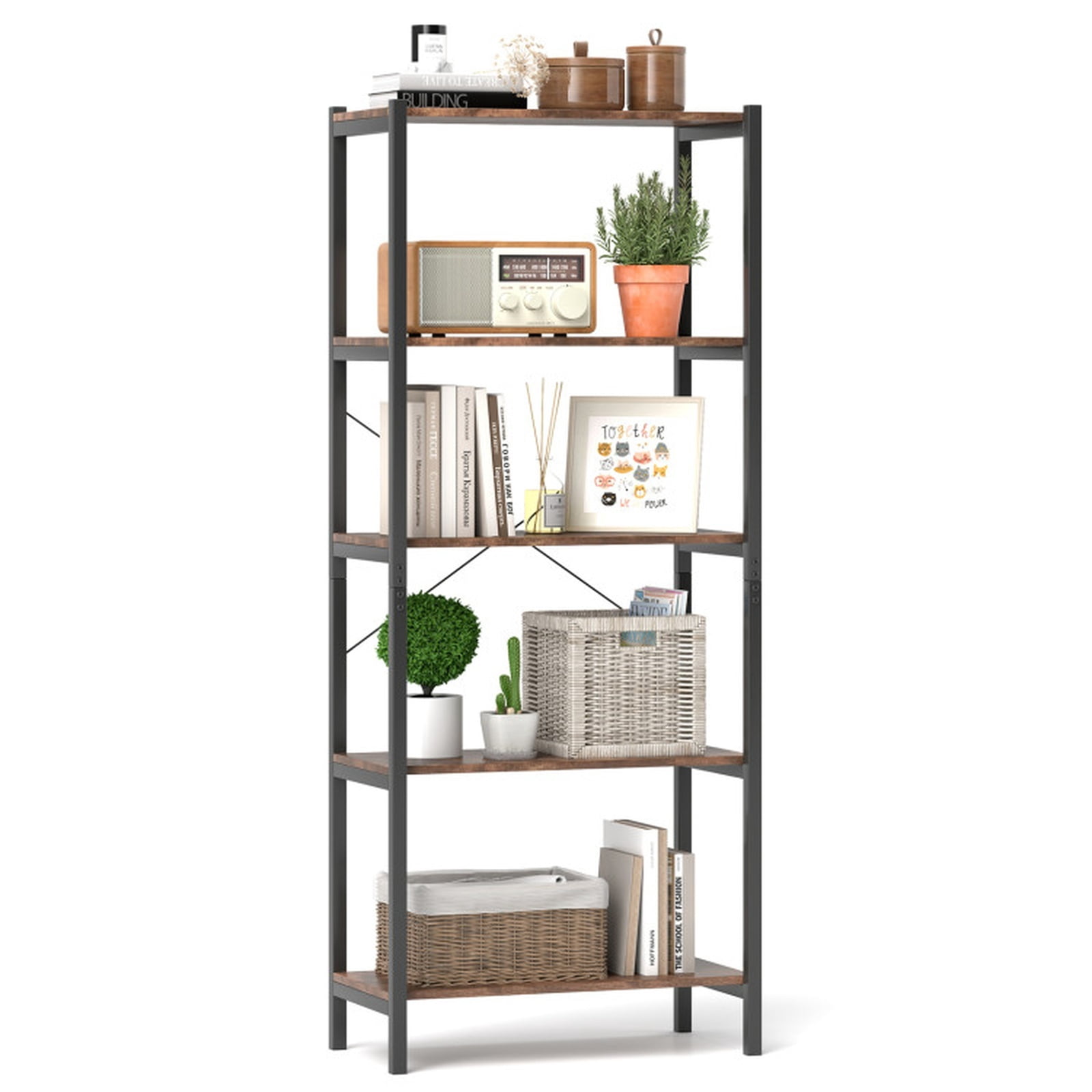 Furnibear Multipurpose Open Bookcase Industrial Rack Wide Standing Storage Shelf for Living Room Home Office Bedroom Display Storage Shelf, Brown