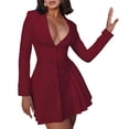 thumbnail image 2 of Women'S Elegant Deep V-Neck Long Sleeve Button Pleated Mini Blazer Dress Wine Red XS, 2 of 9