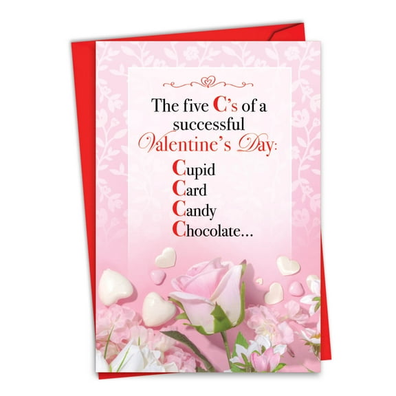 Funny Valentine's Day Greeting Card with 5 x 7 Inch Envelope (1 Card) Five C's - Hearts and Flowers