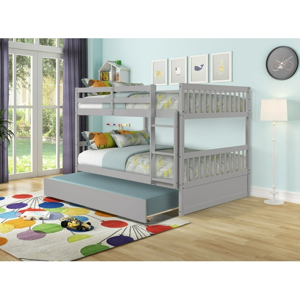 Full Over Full Bunk Bed with Trundle,Solid Wood BunkBed w/Twin Size ...