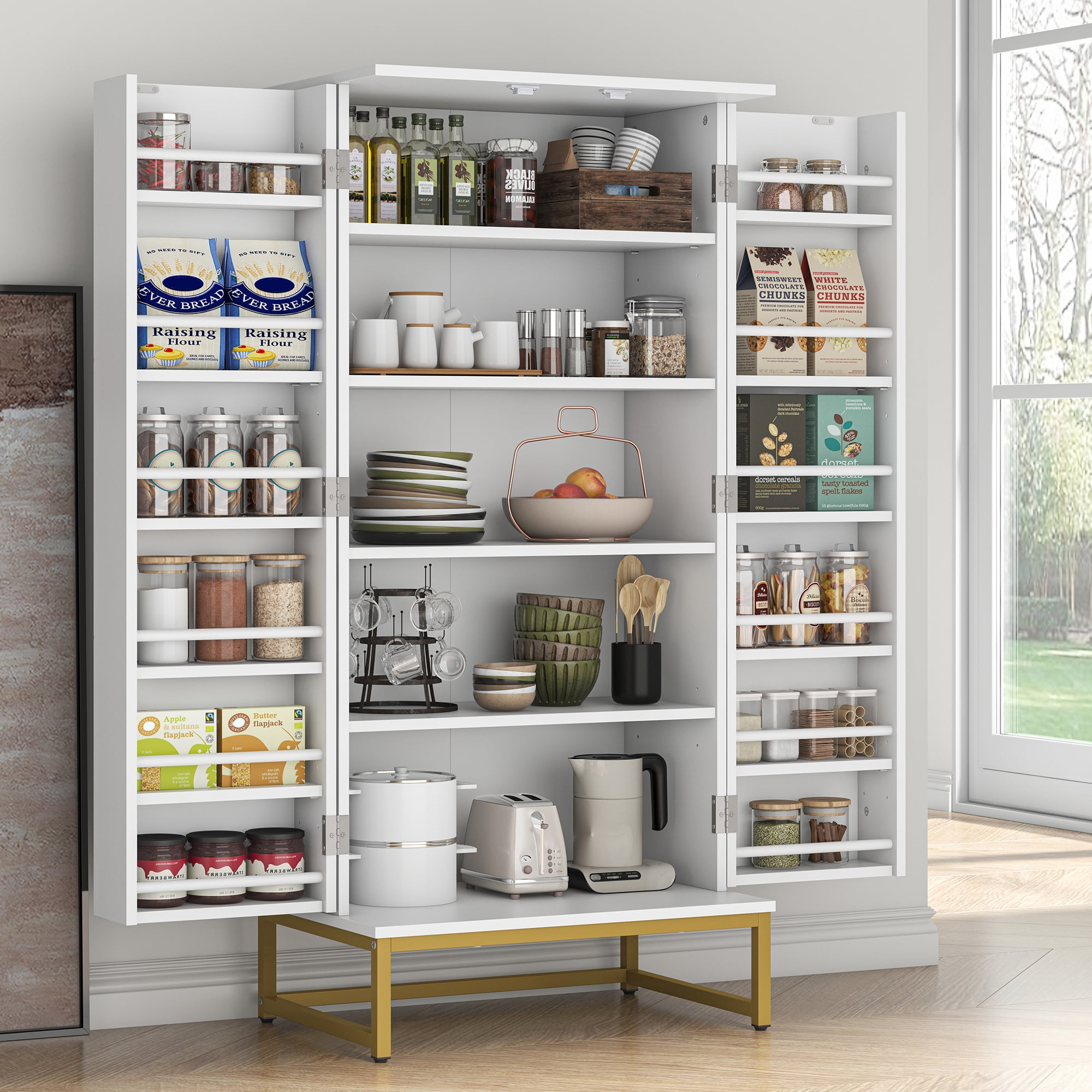 ModFurne Pantry Cabinet, 51.18” Tall Kitchen Storage Cabinet with Adjustable Shelves and Gold Metal Base – Ideal for Kitchen, Living Room & More