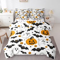 jejeloiu Spooky Halloween 7-Piece Bedding Comforter Set,Cartoon Pumpkin Lantern King Bedding Sets,Black Bats Bed Sheets For Boys Kids,Luxury Bedroom Decor Reversible