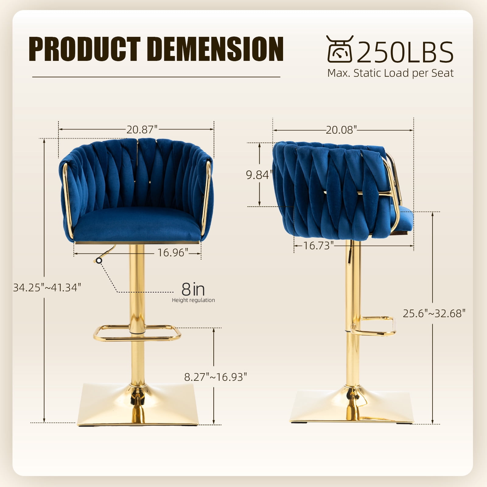 Villeston 360°Swivel Bar Stools Velvet Upholstered Adjustable Bar Chairs Set of 2 with Back & Footrest for Home and Kitchen,Navy Blue
