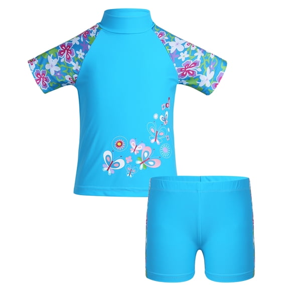 iiniim 2PCS Kids Girls Floral Printed Swimsuit Short Sleeve Tops with Bottoms Set Bathing Suit Swimwear