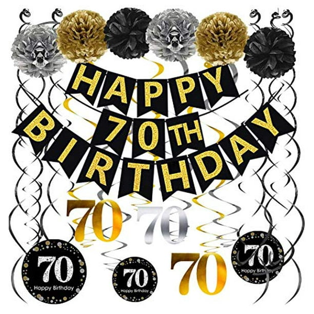Famoby Black Gold Glittery Happy 70th Birthday Banner Poms Sparkling 70 Hanging Swirls Kit For 70th Birthday Party 70th Anniversary Decorations Supplies Walmart Com Walmart Com