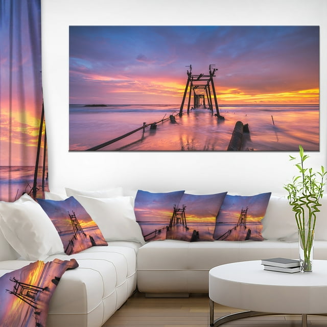 Broken Wooden Bridge at Sunset - Pier Seascape Canvas Art Print