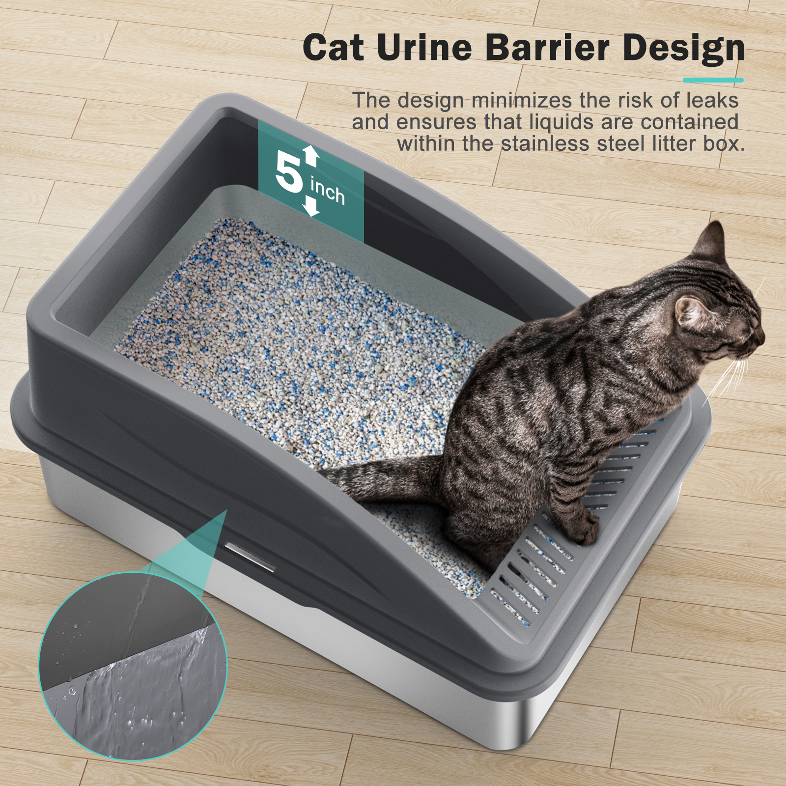 Extra Large Stainless Steel Cat Litter Box, Metal Litter Box with High Sides, XL Litter Boxes for Big Cats Multiple Cats, Include Scoop, Easy to Clean, Dark Gray