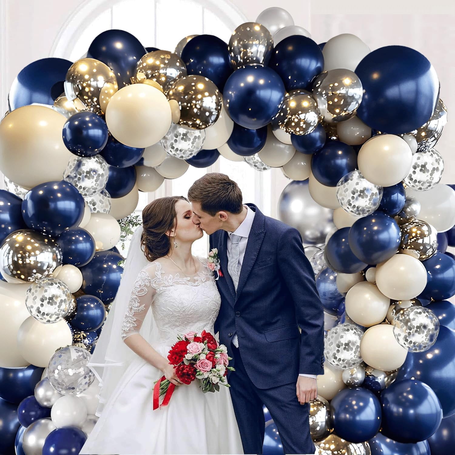 Navy Blue Silver Balloons Arch Kit, Double Stuffed Pearl White Royal Dark Blue Silver Chrome with Confetti Balloons Garland Kit for Birthday Wedding Graduation Father's Day Decorations