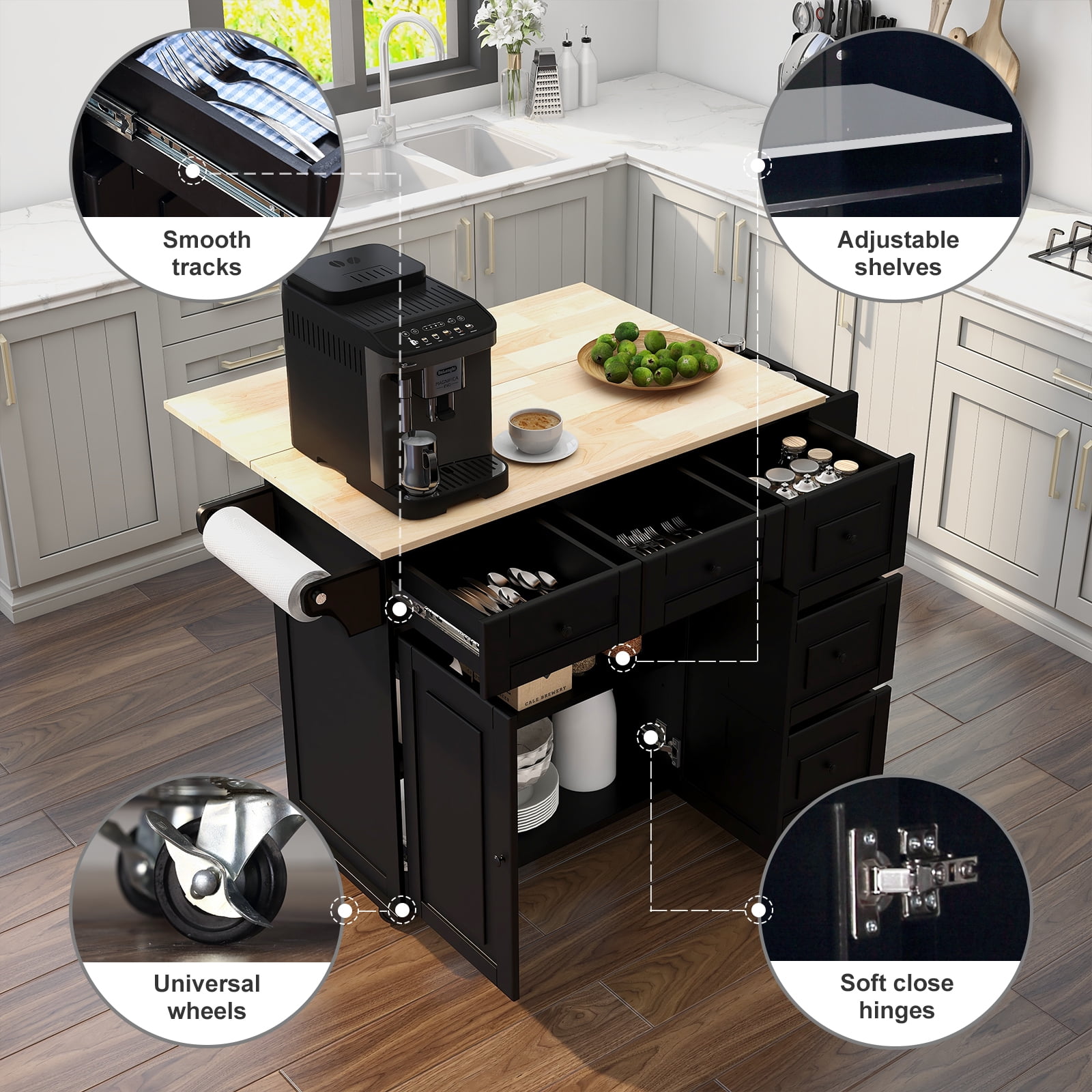 Homrest Kitchen Cart Rolling Mobile Island with Wooden Countertop, Adjustable Shelves and Drawers, Black