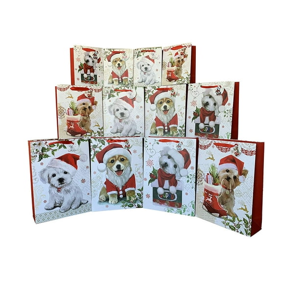 Santa Puppy Christmas Gift Bags - Set of 12, Cute Dogs, Four Designs, Three Sizes, Double Sided