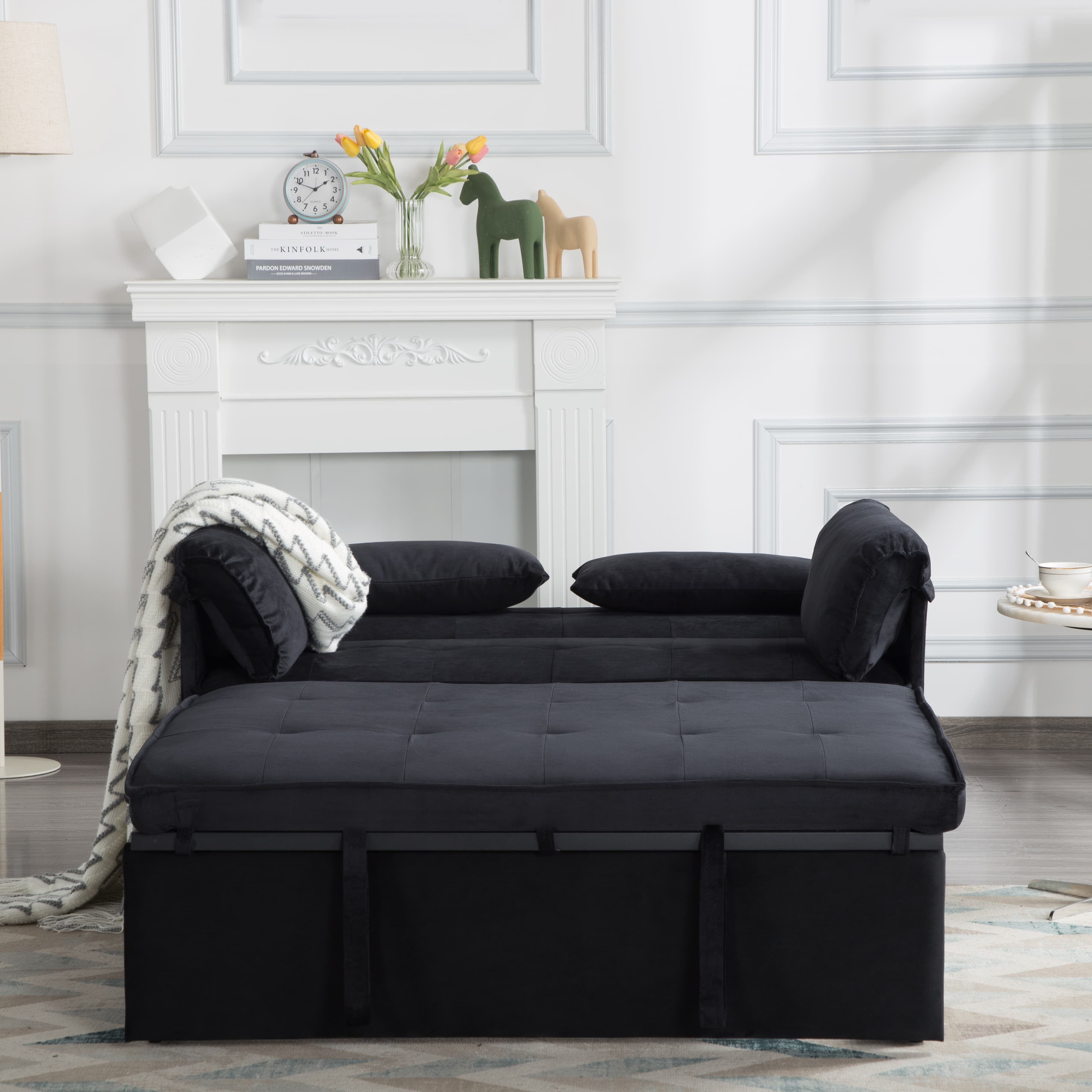 BSHTI 46”Twin Size Sleeper Sofa Bed,5 Angles Reclined,Velvet Upholstered Loveseat,Pull-out Sleeper Sofa,Perfect for Small Spaces(Black)