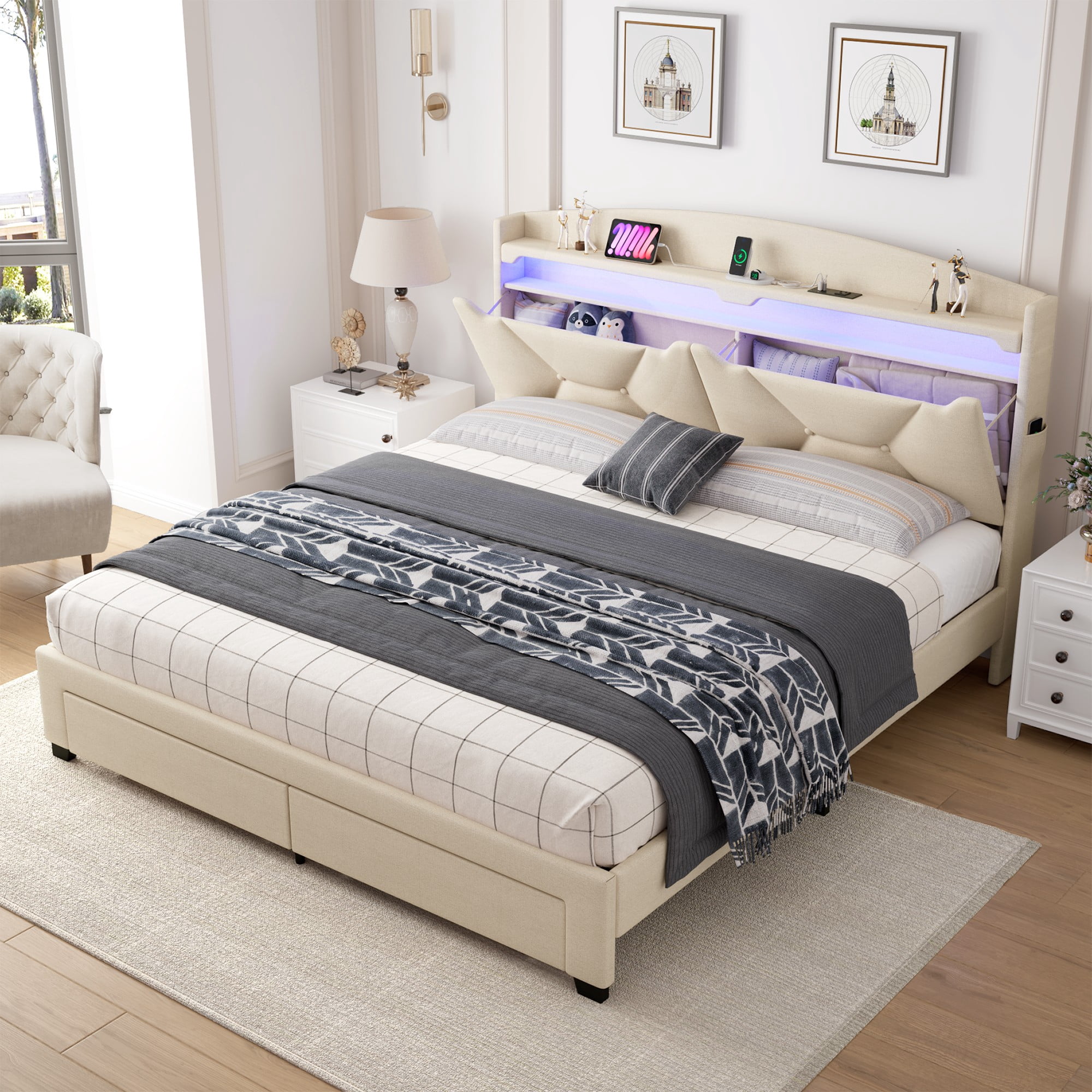 BSHTI Beige Linen Twin Bed Frame with Under-Bed Storage Drawer – Sturdy Platform Bed Base, No Box Spring Needed – Upholstered Frame for Bedroom, Guest Room, Small Space