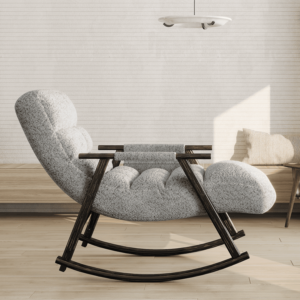 Accent Folding Rocking Recliner Chair with Side Pocket, Upholstered Nursery Glider Chair with 5 Adjustable High Back for Living Room Bedroom Balcony, Grey