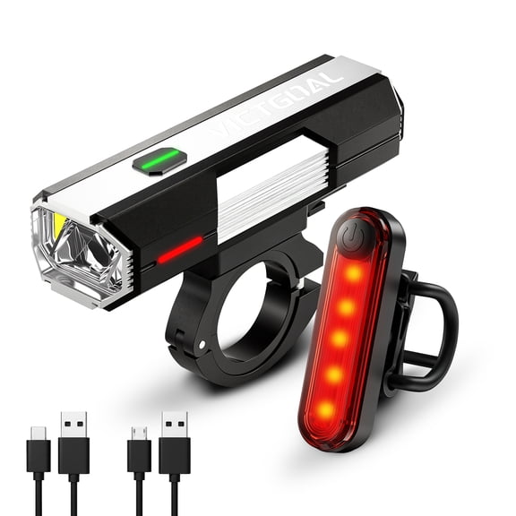 VICTGOAL Bike Light Set Rechargeable, 400 Lumen Bicycle Headlight & Tail Light Combo, 6 Light Modes, IPX4 Waterproof, USB Rechargeable, Easy Mount for Road MTB Commuting