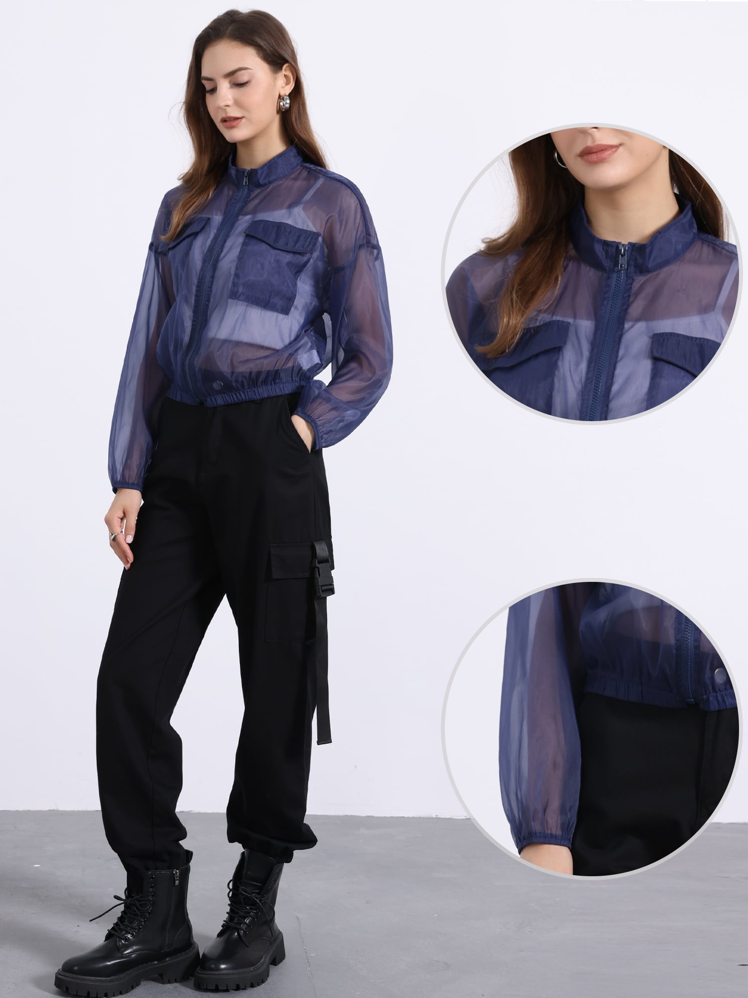 DARING DIVA Women's Sheer Bomber Zip Up Long Sleeve See Through Jackets S Dark Blue